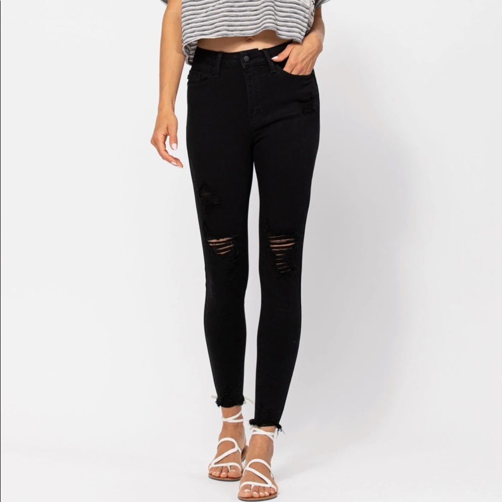 Judy Blue high waist jet black destroyed skinny!